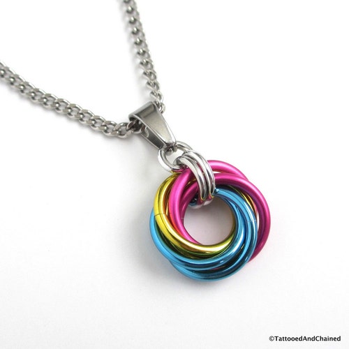 Pansexual pride pendant necklace, chainmail love knot, pan pride jewelry, pink yellow blue