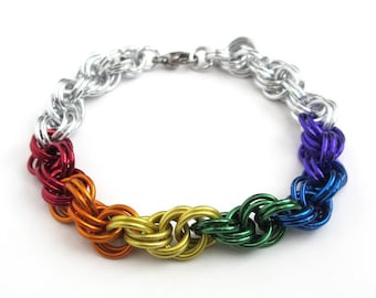 LGBTQ rainbow bracelet, gay pride chainmail jewelry, double spiral weave