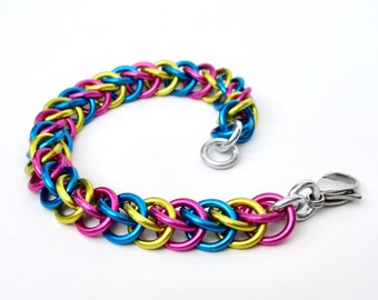 Pansexual pride flag bracelet, chainmail half Persian 3 in 1, handmade LGBTQ jewelry