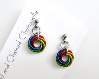 Tiny gay pride earrings, rainbow mini love knot chainmail jewelry, LGBTQ pride