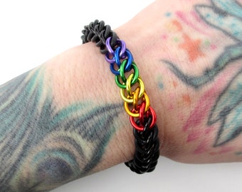 Gay pride stretchy bracelet, chainmail half Persian 3 in 1 weave, discreet rainbow flag LGBTQIA gifts