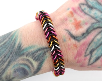 Lesbian pride bracelet, stretchy chainmail box chain, 5 color sunset flag jewelry, LGBTQ gifts