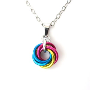 Tiny pansexual pride pendant, chainmail love knot, minimalist pan pride jewelry