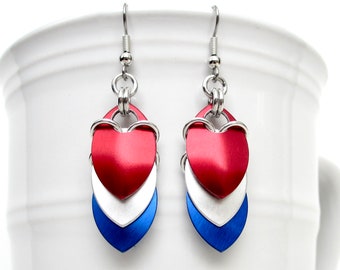 Red, white and blue chainmail scales earrings, USA patriotic pride