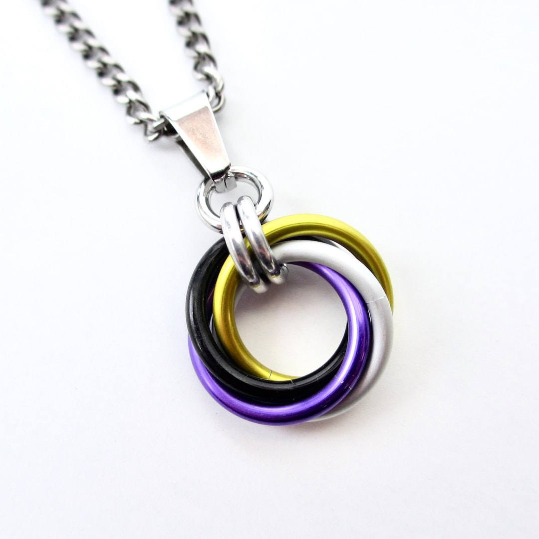 Nonbinary Pendant, Chainmail Love Knot Necklace; Yellow, White, Purple ...