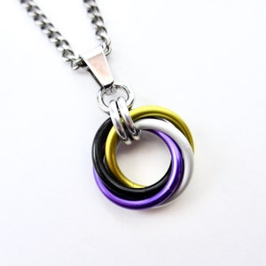 Nonbinary pendant, chainmail love knot necklace yellow, white, purple, black image 1