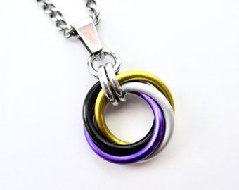 Nonbinary pendant, chainmail love knot necklace; yellow, white, purple, black