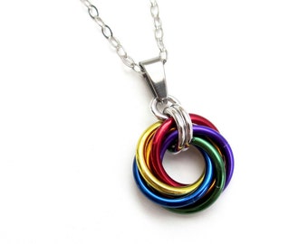 Gay pride pendant necklace, chainmail love knot, rainbow LGBT jewelry