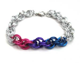 Bi pride bracelet, bisexual pride jewelry, LGBT chainmail double spiral weave; pink, purple, blue