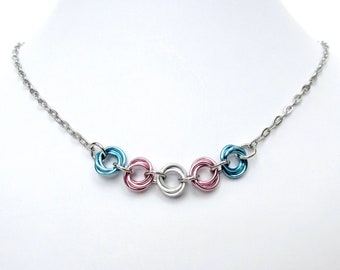 Transgender pride necklace, LGBT jewelry, chainmail trans pride love knot necklace