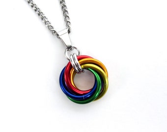 Gay pride pendant necklace, chainmail love knot, rainbow LGBT jewelry