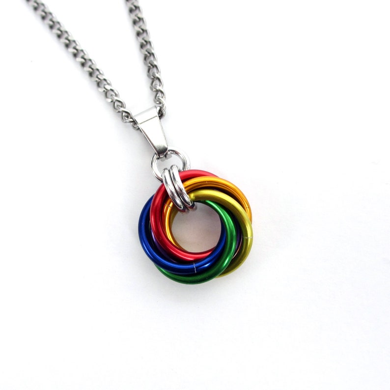 Gay pride pendant necklace, chainmail love knot, rainbow LGBT jewelry image 1