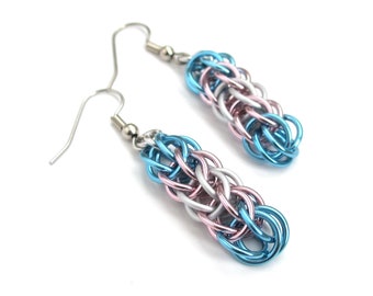 Transgender pride earrings, trans pride jewelry, chainmail earrings, full Persian chainmail weave; pink, white, light blue