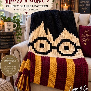 May include: A chunky knit blanket featuring a Harry Potter graphic pattern with black hair, round glasses, and a maroon and gold striped section with fringe. The text reads Harry Potter Chunky Blanket Pattern Knit a Little Magic.