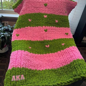 Alpha Kappa Alpha Chunky Knit Throw Blanket, Pink Green Sorority Cozy Snuggle Afghan