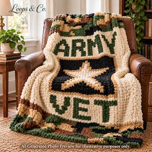 May include: A chunky knit blanket featuring a camouflage pattern in shades of green, brown, and black. The center displays a large white star on a black background, with the text ARMY VET in dark green block letters above and below the star.