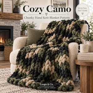 Könnte beinhalten: Eine grob gestrickte Deckenanleitung mit dem Titel Cozy Camo, die ein digitales Muster für eine dicke, strukturierte Decke in einer Camouflage-Farbpalette aus dunkelgrünem, olivfarbenem und beigem Garn zeigt, drapiert über einem cremefarbenen Sessel.