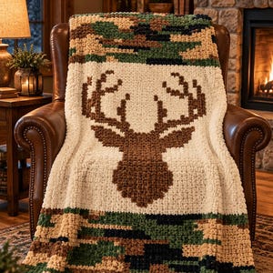 May include: A chunky knit blanket featuring a central brown deer head silhouette on a cream background, bordered by top and bottom sections of green, brown, and black camouflage pattern. The text Loops & Co. appears in the top left corner.