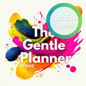 Könnte beinhalten: Ein farbenfrohes Grafikdesign mit dem weißen Text "The Gentle Planner", überlagert auf einem lebendigen Hintergrund aus gelben, blauen, rosa und orangefarbenen Farbstrichen. Ein grüner und weißer Kreis zeigt "LAUNCH Special".