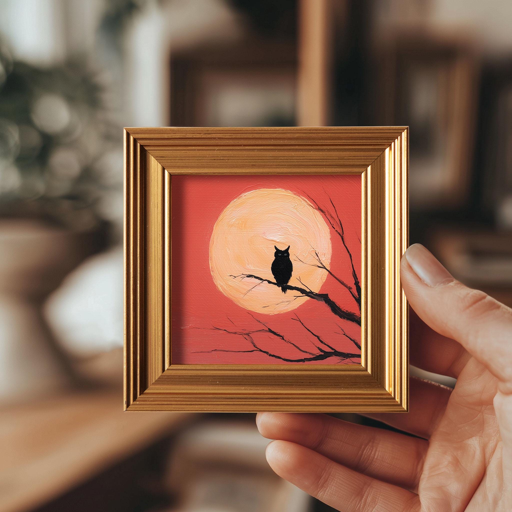 Mini Moon Owl Oil Painting, Original Hand Painted Wildlife, Woodland Animal Wall Art, Rustic Home De