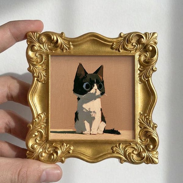 Tuxedo Cat Original Oil Painting, Mini Framed Gallery Art, Bedroom Decor