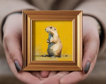 Mini Little Prairie Dog Oil Painting, Original Hand Painted Wildlife, Woodland Animal Wall Art, Rustic Home Decor, Gift for Friends