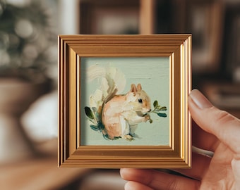 Eichhörnchen mit Eichel Mini Ölgemälde, Original Natur Kunst, handgemaltes Tier Kunstwerk, Geschenk für Tierliebhaber, Wohnzimmer Wanddekoration