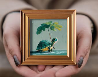 Pintura al óleo de tortuga, hoja y paraguas, miniatura original pintada a mano para pared, obra de arte de animales pequeños.
