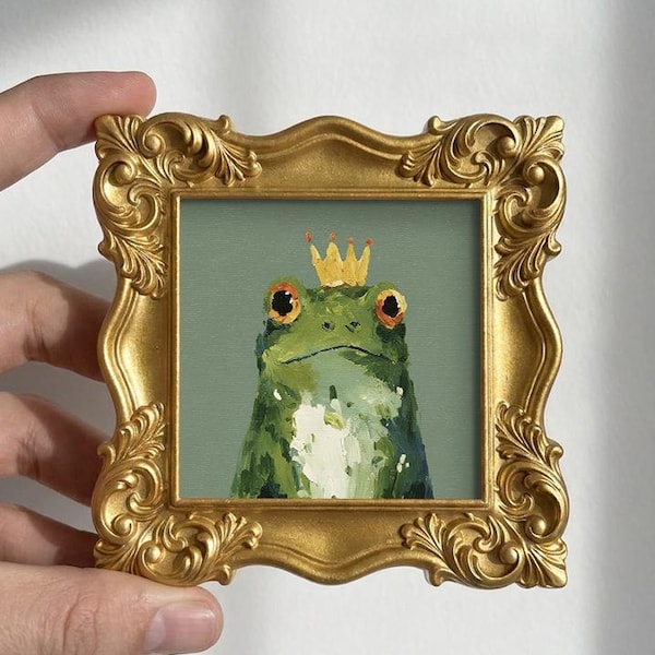 Frog Prince Oil Painting, Original Hand Painted Mini Canvas Art, Storybook Decor, Gift for Frog Lovers