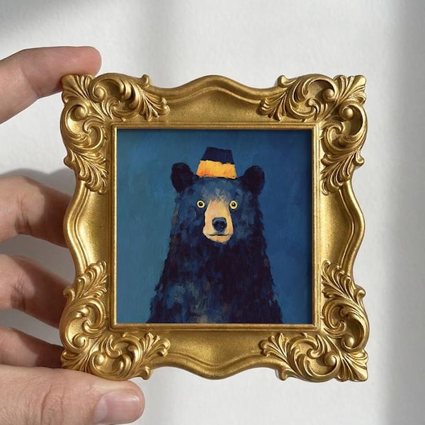 Original Black Bear Portrait Oil Painting, Hand Painted Mini Canvas Art, Rustic Decor, Gift for Dad