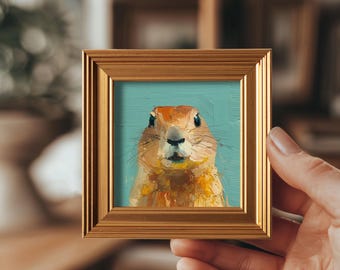 Mini Original Squirrel Oil Painting, Hand Painted Prairie Dog, Handmade Quirky Wildlife Art, 4x4 Gold Frame, Gift For Animal Lover