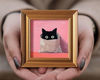 ミニピーカブーキャット油絵、オリジナルの手描きのペット、ミニマリストの壁アート装飾、写真からのカスタムポートレート、ペット愛好家へのギフト