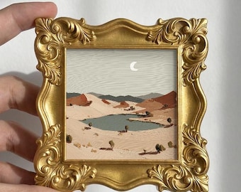 Pintura al óleo original de un oasis en el desierto, mini cuadro enmarcado para pared, lienzo con paisaje pintado a mano, decoración para la sala de estar, regalo para viajeros.