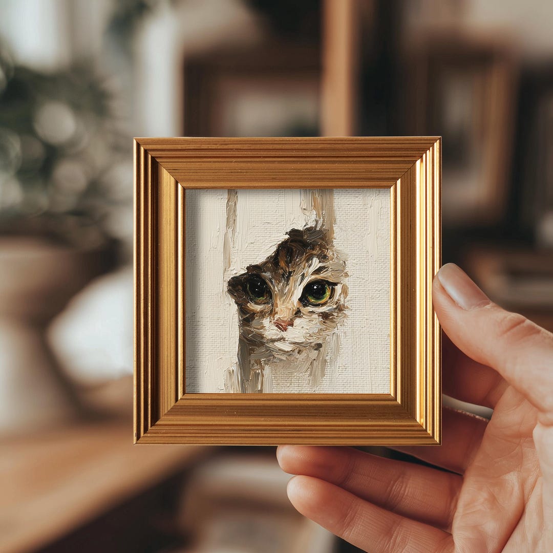 Mini Peeking Tabby Cat Oil Painting, Original Framed Wall Art, Hand ...