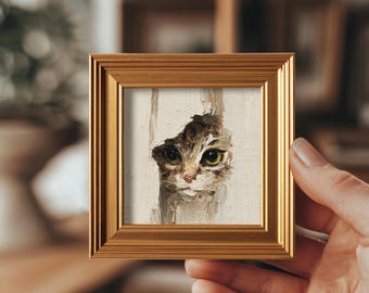Mini Peeking Tabby Cat Oil Painting, Original Framed Wall Art, Hand Painted Canvas, Kitchen Decor, Custom Pet Portrait, Gift for Cat Lovers