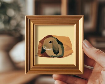 Cozy Bunny Mini Canvas Oil Painting, Original Framed Art, Hand Painted Birthday Gift, Nursery Wall Decor,4x4 Gold Framed