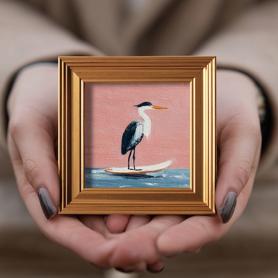 Mini Heron Oil Painting, Original Hand Painted Wildlife, Nature Bird Gallery Wall Art, 4x4 Gold Frame, Birthday Gift for Birds Lover
