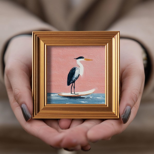Mini Heron Oil Painting, Original Hand Painted Wildlife, Nature Bird Gallery Wall Art, 4x4 Gold Frame, Birthday Gift for Birds Lover