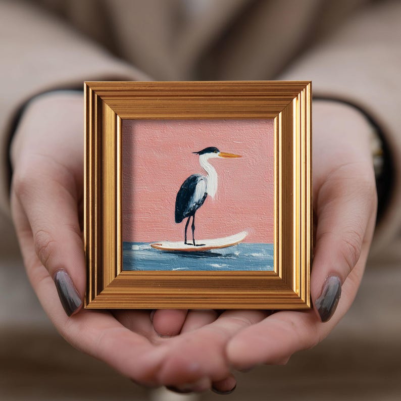 Mini Reiher Ölgemälde, Original handgemalte Wildtiere, Natur Vogel Galerie Wandkunst, 4x4 Goldrahmen, Geburtstagsgeschenk für Vogelliebhaber Bild 1