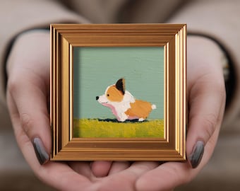 Mini Running Corgi Oil Painting, Original Hand Painted Dog, Animal Gallery Wall Art, 4x4 Gold Frame, Gift for Dogs Mom
