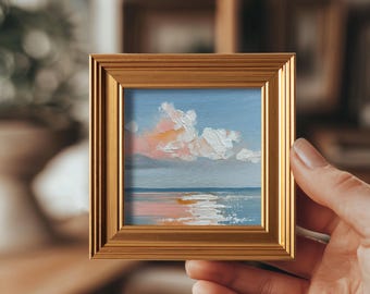 Mini peinture à l'huile coucher de soleil sur l'océan, oeuvre d'art originale de plage, oeuvre d'art de paysage peinte à la main, décoration murale de paysage marin, cadeau pour des amis