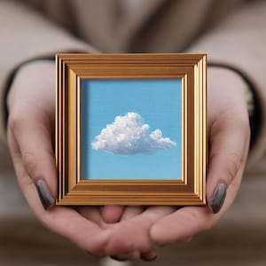 Fluffy Cloud Mini Oil Painting, Original Abstract Art, Hand Painted Blue Sky Artwork, Gift for Homebody, Bedroom Wall Decor, 4x4 Gold Frame image 2