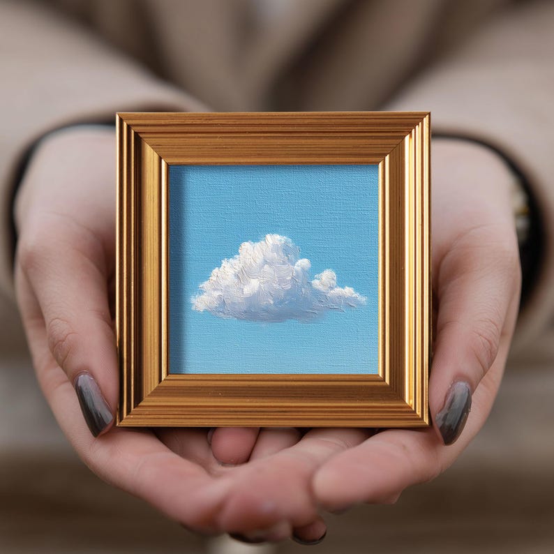 Fluffy Cloud Mini Oil Painting, Original Abstract Art, Hand Painted Blue Sky Artwork, Gift for Homebody, Bedroom Wall Decor, 4x4 Gold Frame image 2