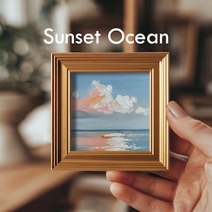 Fluffy Cloud Mini Oil Painting, Original Abstract Art, Hand Painted Blue Sky Artwork, Gift for Homebody, Bedroom Wall Decor, 4x4 Gold Frame Sunset Ocean
