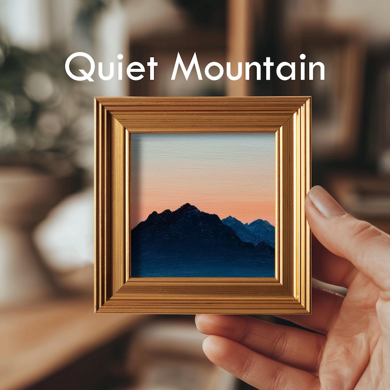 Fluffy Cloud Mini Oil Painting, Original Abstract Art, Hand Painted Blue Sky Artwork, Gift for Homebody, Bedroom Wall Decor, 4x4 Gold Frame Quiet Mountain