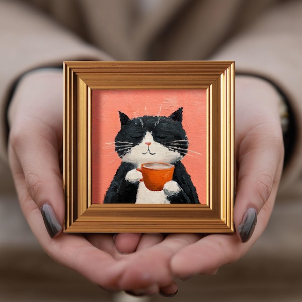 Mini Cozy Coffee Cat Oil Painting, Original Hand Painted Pets, Minimalist Wall Art Decor, Custom Portrait from Photo, Gift for Pet Lover