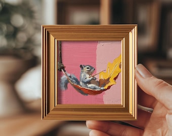 Mini Relax Squirrel Oil Painting, Woodland Animal Wall Art, Original Hand Painted Wildlife, Home Decor, 4x4 Gold Frame, Gift for Friends