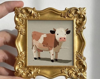 Original Cow Oil Painting, Mini Framed Wall Art, Hand Painted Canvas, Farmhouse Decor, Gift for Farm Lover