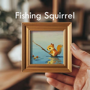 Mini Reiher Ölgemälde, Original handgemalte Wildtiere, Natur Vogel Galerie Wandkunst, 4x4 Goldrahmen, Geburtstagsgeschenk für Vogelliebhaber Fishing Squirrel