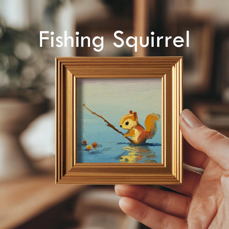 Mini Reiher Ölgemälde, Original handgemalte Wildtiere, Natur Vogel Galerie Wandkunst, 4x4 Goldrahmen, Geburtstagsgeschenk für Vogelliebhaber Fishing Squirrel
